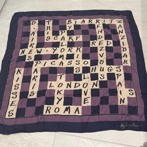 Paloma Picasso Crossword Graphic Silk Scarf Navy Purple Cream Vintage
